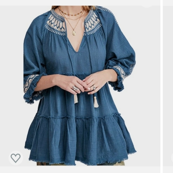 FREE PEOPLE WOMEN'S DREAMWEAVER EMBROIDERED TUNIC TOP BLUE - Picture 3 of 10